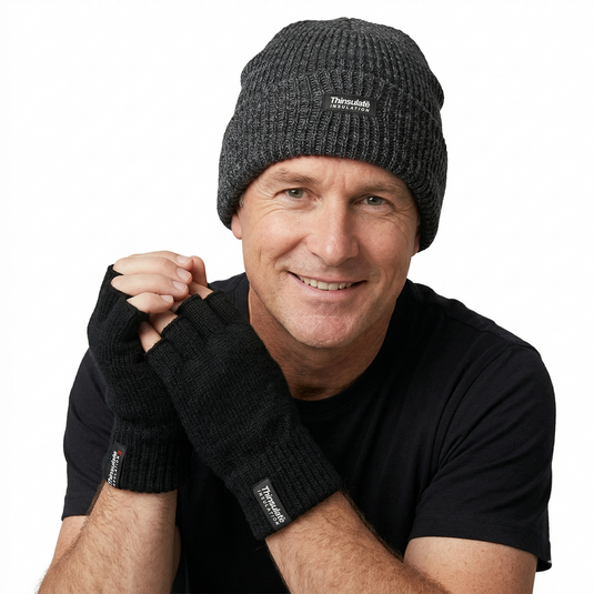 2pcs Winter Set Mens 3M Thinsulate Beanie Hat + Knitted Fingerless Gloves Snow-0