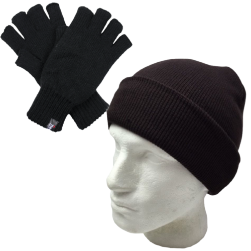 2pcs Set 3M Thinsulate Knitted Fingerless Gloves + Plain Beanie Hat Winter Warm-0