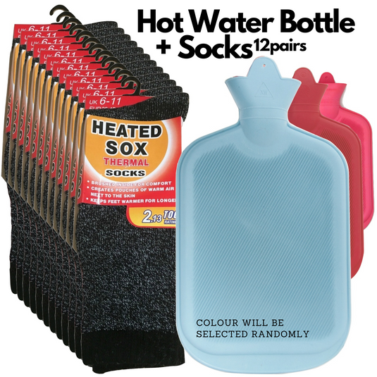 12 Pairs Thermal Heated Socks w/ BONUS Hot Water Bottle Warm Winter Pack-3