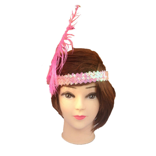 12x 1920s FLAPPER HEADBAND Headpiece Feather Sequin Charleston Gatsby Party BULK - Light Pink-3