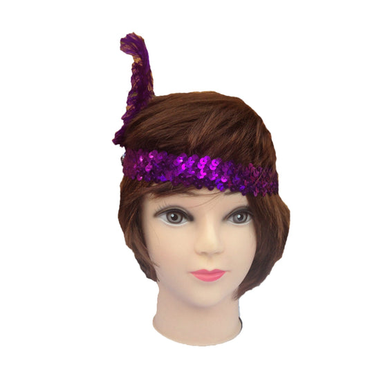 12x 1920s FLAPPER HEADBAND Headpiece Feather Sequin Charleston Gatsby Party BULK - Purple-3