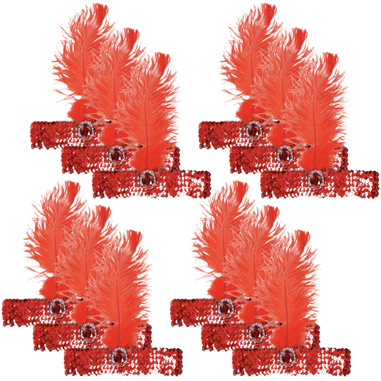 12x 1920s FLAPPER HEADBAND Headpiece Feather Sequin Charleston Gatsby Party BULK - Red-0