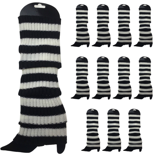 12x LEG WARMERS Knitted Womens Costume Neon Dance Party Knit 80s BULK - Black/White Stripe-0