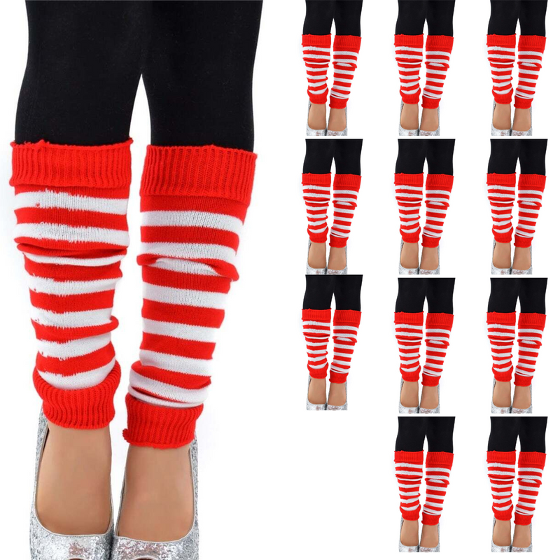 Load image into Gallery viewer, 12x LEG WARMERS Knitted Womens Costume Neon Dance Party Knit 80s BULK - Red/White Stripe-0
