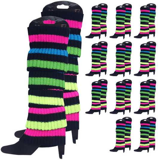 12x LEG WARMERS Knitted Womens Costume Neon Dance Party Knit 80s BULK - Rainbow with Black Stripe-0