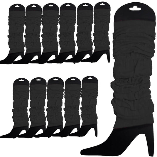 12 LEG WARMERS Knitted Womens Neon Party Knit Ankle Fluro Dance Costume 80s BULK - Black-0