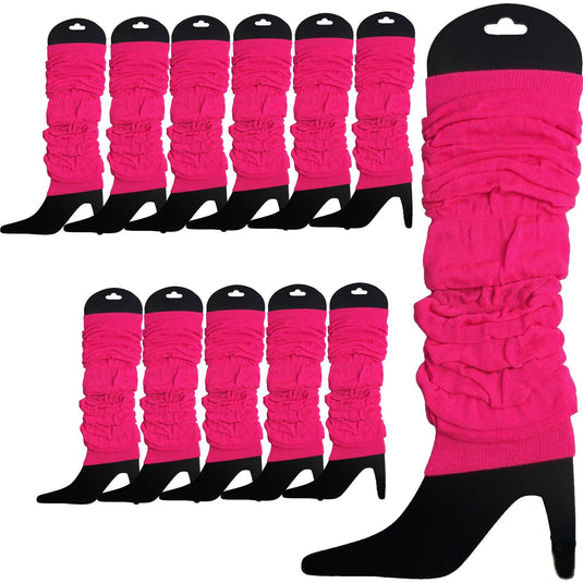 12 LEG WARMERS Knitted Womens Neon Party Knit Ankle Fluro Dance Costume 80s BULK - Fluro Hot Pink-0