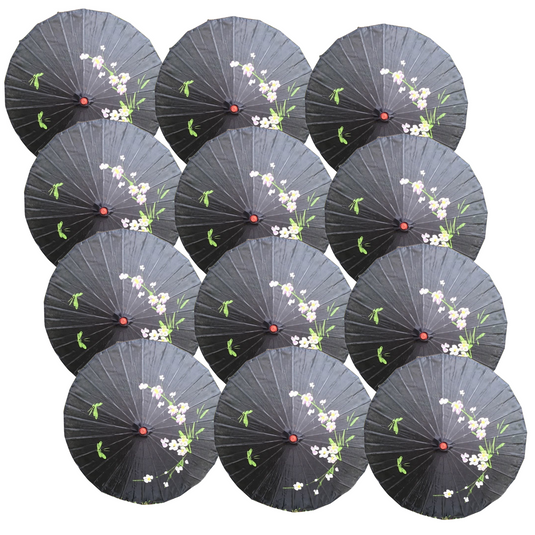 12x PARASOL UMBRELLA Chinese Japanese Bamboo Flower Pattern 80cm Large BULK - Black-1