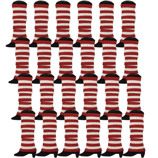 24x Womens Leg Warmers Disco Winter Knit Dance Party Crochet Legging Socks Costume - Red/White Stripe-2