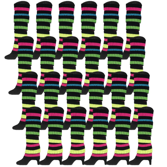24x Womens Leg Warmers Disco Winter Knit Dance Party Crochet Legging Socks Costume - Rainbow with Black Stripe-2