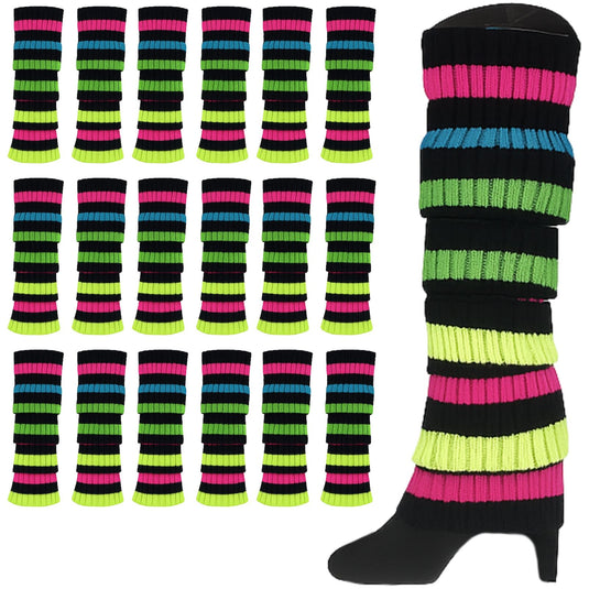24x Womens Leg Warmers Disco Winter Knit Dance Party Crochet Legging Socks Costume - Rainbow with Black Stripe-0