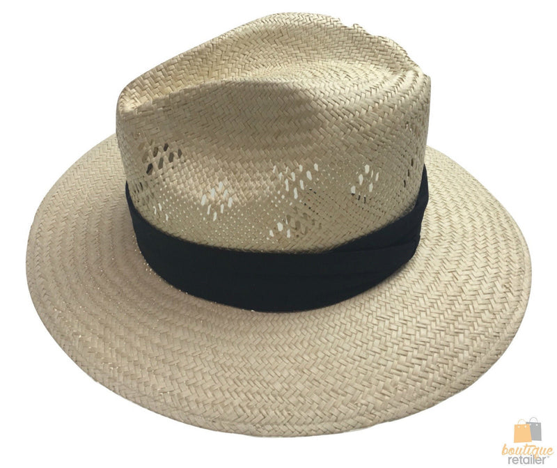 Load image into Gallery viewer, Natural VENTED PALM STRAW PANAMA HAT FEDORA Summer Trilby Sun Summer Cap 2848-1
