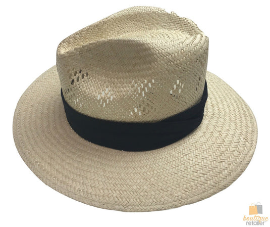 Natural VENTED PALM STRAW PANAMA HAT FEDORA Summer Trilby Sun Summer Cap 2848-0