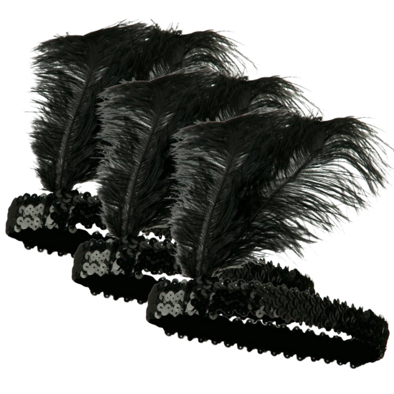 Load image into Gallery viewer, 3x 1920s FLAPPER HEADBAND Headpiece Feather Sequin Charleston Costume Gatsby - Black-1
