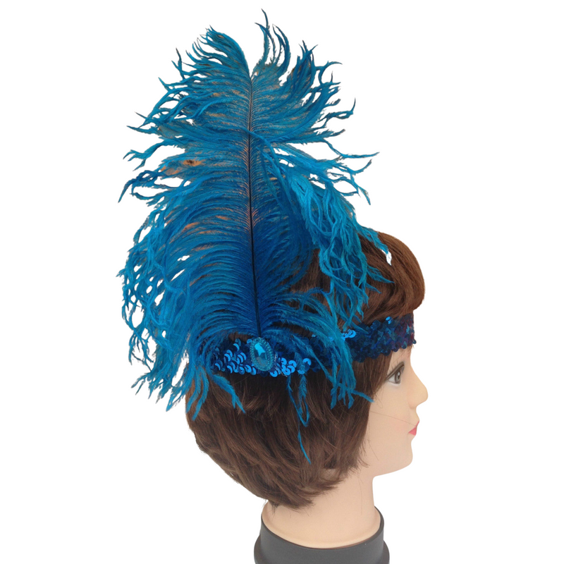 Load image into Gallery viewer, 3x 1920s FLAPPER HEADBAND Headpiece Feather Sequin Charleston Costume Gatsby - Blue-2
