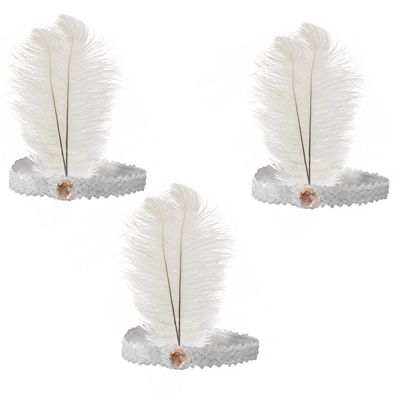 Load image into Gallery viewer, 3x 1920s FLAPPER HEADBAND Headpiece Feather Sequin Charleston Costume Gatsby - White-0
