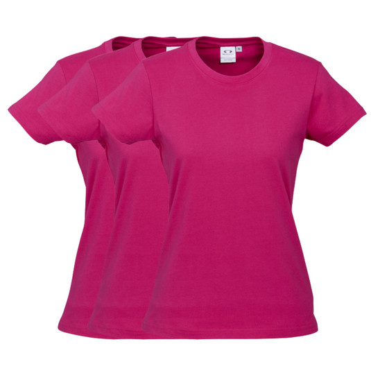 3x Womens 100% Cotton T-Shirt Plain Basic Tee Casual Top in Magenta Pink-0
