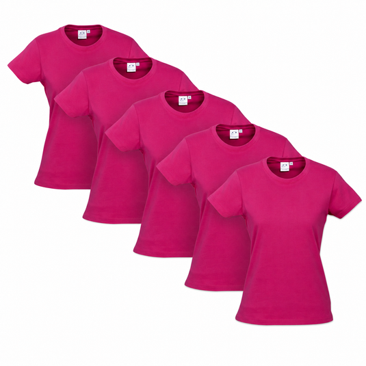 5x Womens 100% Cotton T-Shirt Plain Basic Tee Casual Top in Magenta Pink-0
