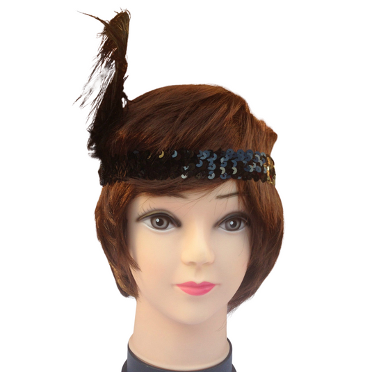 6x 1920s FLAPPER HEADBAND Headpiece Feather Sequin Charleston Costume Party BULK - Black-2