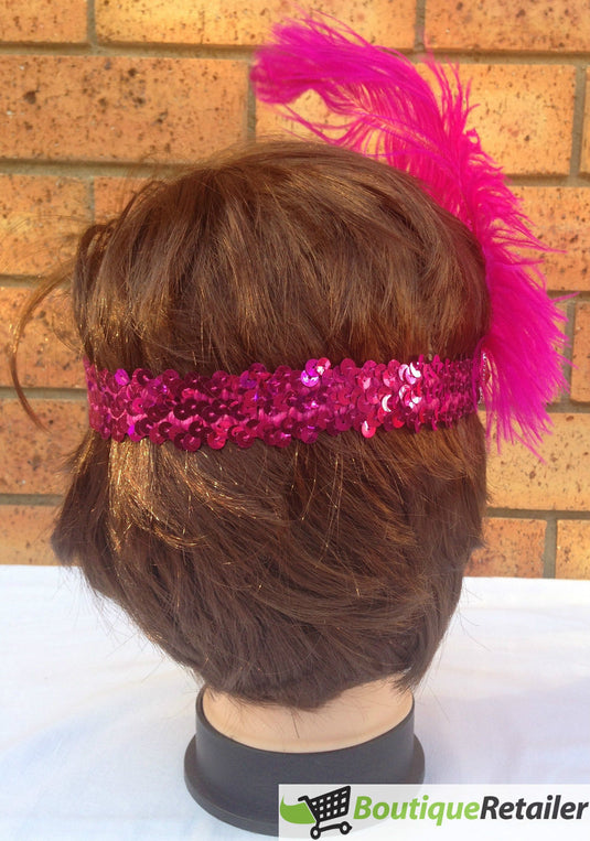 6x 1920s FLAPPER HEADBAND Headpiece Feather Sequin Charleston Costume Party BULK - Hot Pink-3