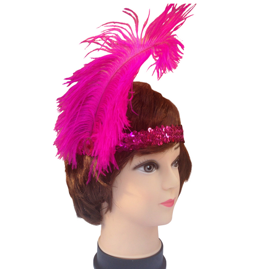 6x 1920s FLAPPER HEADBAND Headpiece Feather Sequin Charleston Costume Party BULK - Hot Pink-2