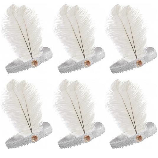 6x 1920s FLAPPER HEADBAND Headpiece Feather Sequin Charleston Costume Party BULK - White-1