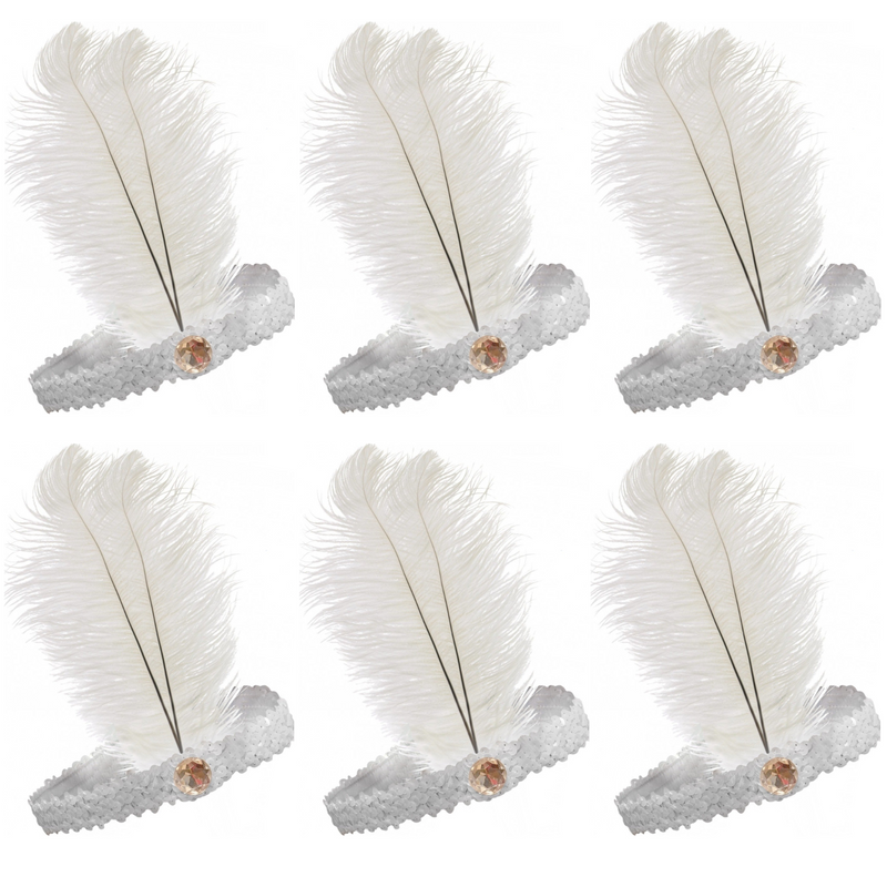 Load image into Gallery viewer, 6x 1920s FLAPPER HEADBAND Headpiece Feather Sequin Charleston Costume Party BULK - White-0

