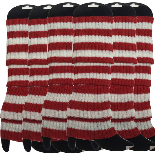 6x Womens Leg Warmers Disco Winter Knit Dance Party Crochet Legging Socks Costume - Red/White Stripe-0