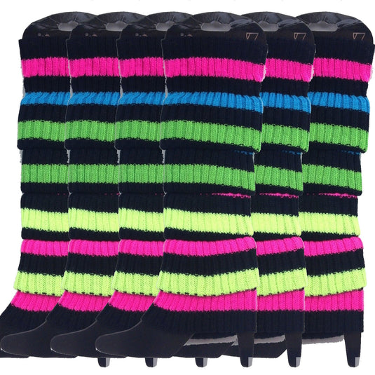 6x Womens Leg Warmers Disco Winter Knit Dance Party Crochet Legging Socks Costume - Rainbow with Black Stripe-1