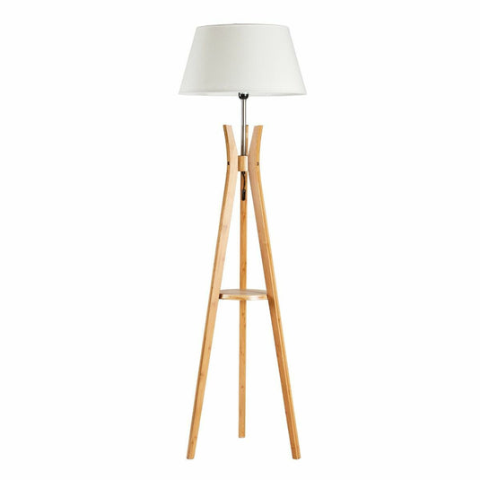 LARGE BAMBOO TRIPOD FLOOR LAMP Linen Shade Modern Light Vintage Wooden Scandi-0