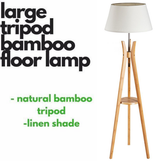 156cm Bamboo Wooden Tripod Floor Lamp with White Light Linen Shade-1