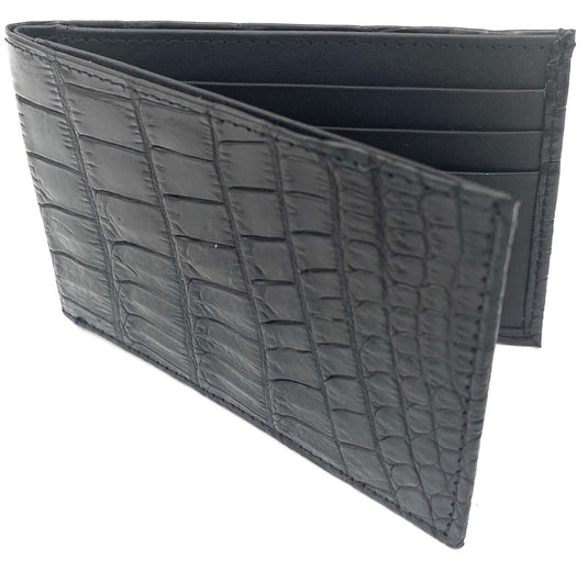 Mens Slim Genuine Skin Crocodile Leather Wallet Bi Fold Gift - Black-0