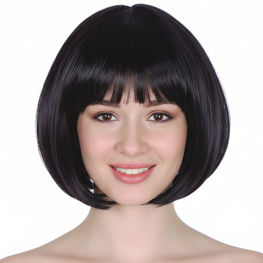 Bob Wig Costume Short Straight Fringe Cosplay Party Womens Hair - Black-0