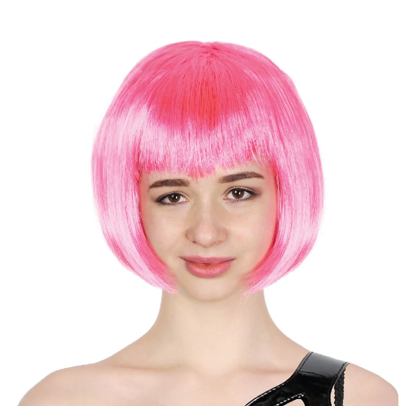 Load image into Gallery viewer, Bob Wig Costume Short Straight Fringe Cosplay Party Full Hair Womens Fancy Dress - Hot Pink-1
