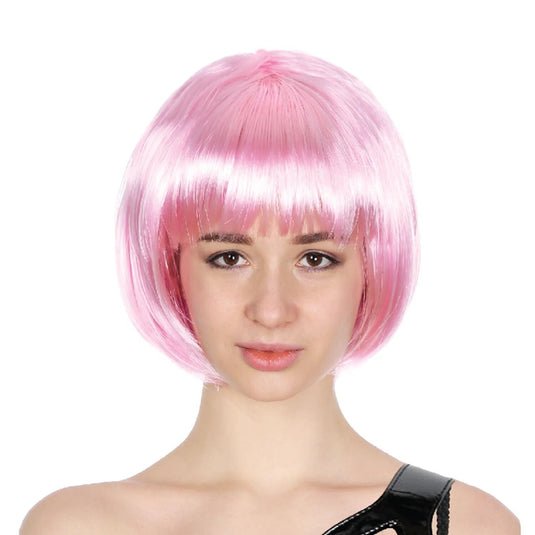 Bob Wig Costume Short Straight Fringe Cosplay Party Full Hair Womens Fancy Dress - Light Pink-1