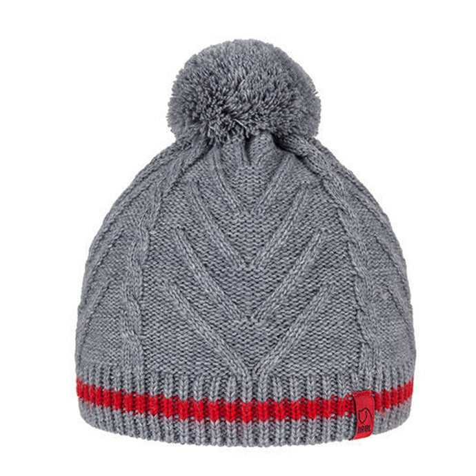 BRBL Merino Wool Blend Pull On BEANIE Hat Knitted Pom Pom - Grey/Red - S-0