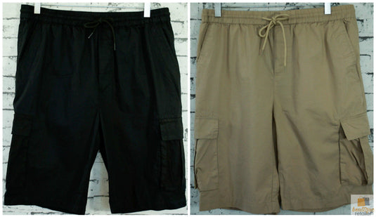 CARGO SHORTS Elastic Waist 100% COTTON Army Pocket Mens Drawstrings 0526-1