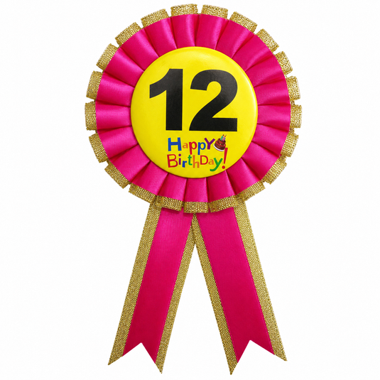 Kids Birthday Badge Rosette with Ribbon Party Favour Fancy Dress - Age 12 Pink-1