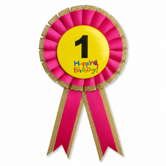 Kids Birthday Badge Rosette with Ribbon Party Favour Fancy Dress - Age 1 Pink-0