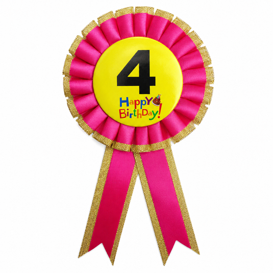 Kids Birthday Badge Rosette with Ribbon Party Favour Fancy Dress - Age 4 Pink-0