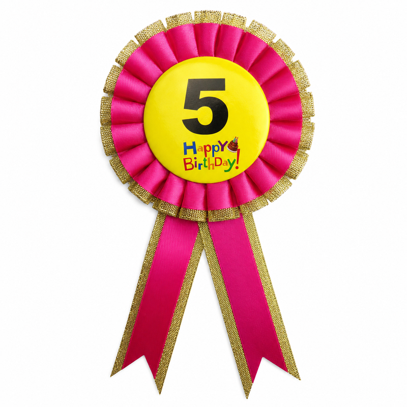 Load image into Gallery viewer, Kids Birthday Badge Rosette with Ribbon Party Favour Fancy Dress - Age 5 Pink-0
