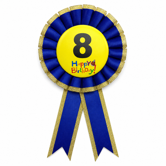 Kids Birthday Badge Rosette with Ribbon Party Favour Fancy Dress - Age 8 Blue-0