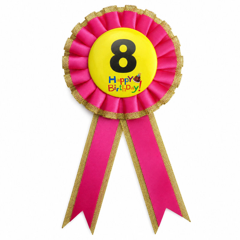 Load image into Gallery viewer, Kids Birthday Badge Rosette with Ribbon Party Favour Fancy Dress - Age 8 Pink-0
