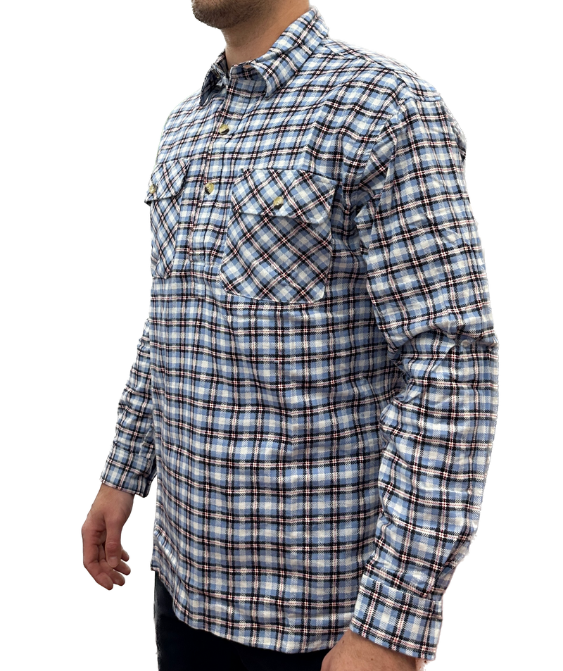 Load image into Gallery viewer, Mens Flannelette Long Sleeve Pullover Shirt 100% Cotton Flannel - Half Placket - Blue Check-3
