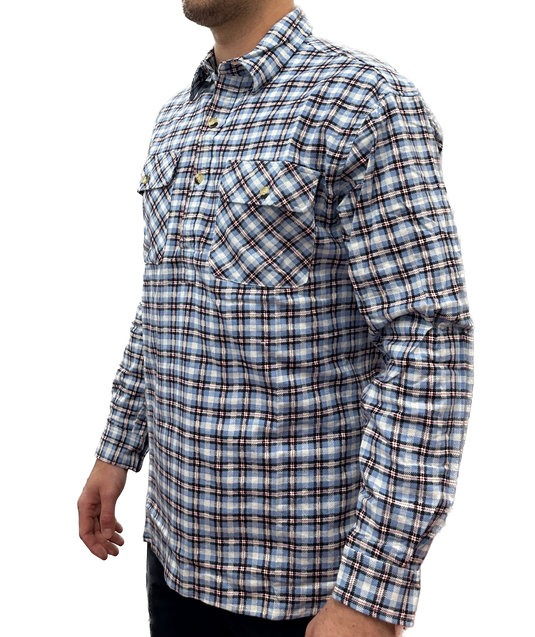 Mens Flannelette Long Sleeve Pullover Shirt 100% Cotton Flannel - Half Placket - Blue Check-3