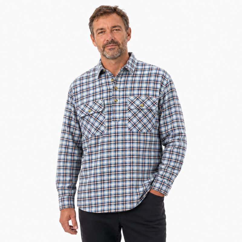 Load image into Gallery viewer, Mens Flannelette Long Sleeve Pullover Shirt 100% Cotton Flannel - Half Placket - Blue Check-1
