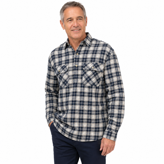 Mens Flannelette Long Sleeve Pullover Shirt 100% Cotton Flannel - Half Placket - Navy/Beige Check-1