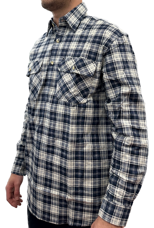 Mens Flannelette Long Sleeve Pullover Shirt 100% Cotton Flannel - Half Placket - Navy/Beige Check-3