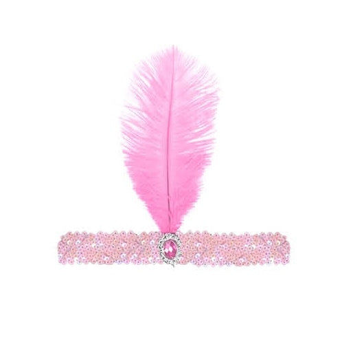 1920s FLAPPER HEADBAND Headpiece Feather Sequin Charleston Costume Gatsby Dance - Light Pink-0