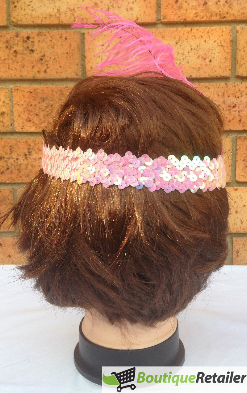 Load image into Gallery viewer, 1920s FLAPPER HEADBAND Headpiece Feather Sequin Charleston Costume Gatsby Dance - Light Pink-4
